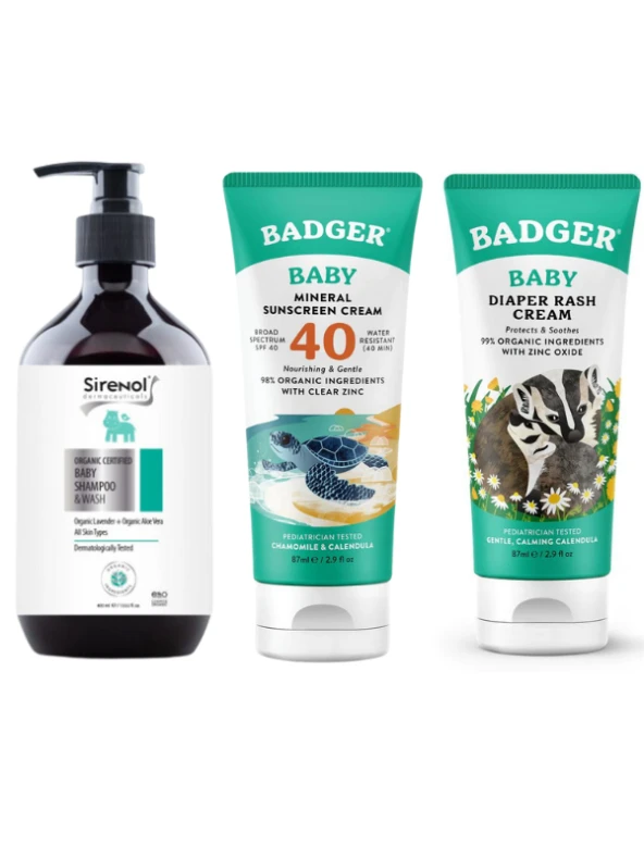 Badger Organik Bebek Güneş Kremi, Pişik Kremi ve Sirenol Organik Bebek Saç Vücut Şampuanı Set 400 mL / 87 mL / 87 mL