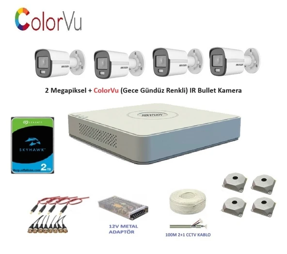 Hikvision 2mp 4 kameralı Dış ortam AHD HD-TVI ColorVu Gece Renkli Kamera Seti 2TB Disk