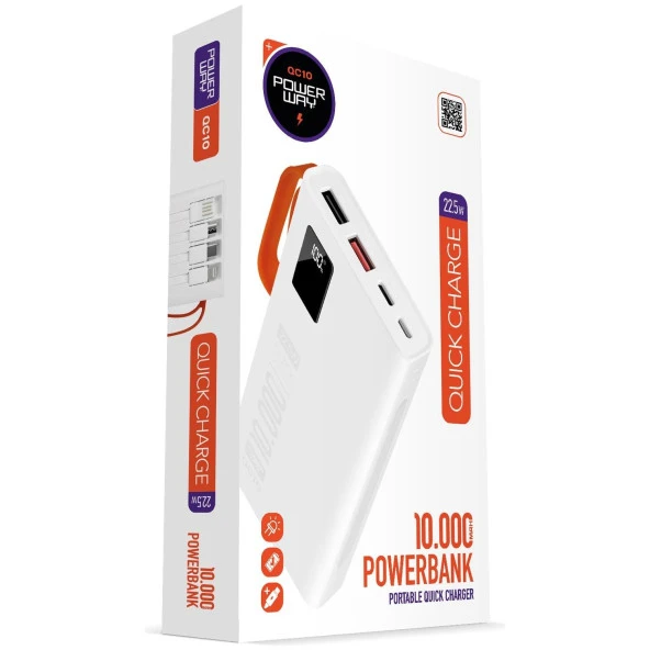 Powerway 10.000 Mah Pd 22.5W Dahili Kablolu Hızlı Şarj LED Fener Gerçek 10.000 Mah QC10 Powerbank