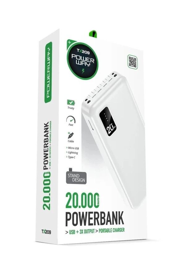 Powerway20.000 Mah Kablolu Dijital Göstergeli 20.000 Mah Garantili Dahili Stand TX209 Beyaz Powerbank