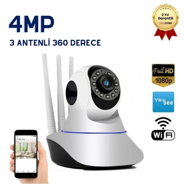 360 Derece Wifi IP Güvenlik Kamera 3 Antenli Gece Görüşlü Sensörlü Harekete Duyarlı Sesli Uygulamalı Kamera ürün görseli