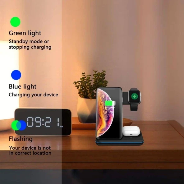 3-1 Arada 20W Hızlı Şarj Kablosuz Wireless LED Işıklı Iphone Apple Watch Airpods Şarj Stand Cihazı - 8