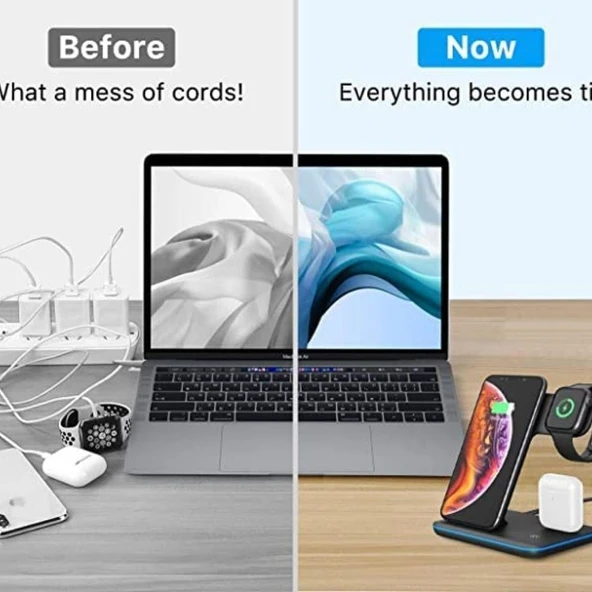 3-1 Arada 20W Hızlı Şarj Kablosuz Wireless LED Işıklı Iphone Apple Watch Airpods Şarj Stand Cihazı - 6