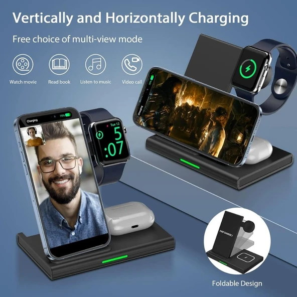 3-1 Arada 20W Hızlı Şarj Destekli Kablosuz Wireless Şarj Stand LED Işıklı Iphone, Apple Watch, Airpods Destekli - 3