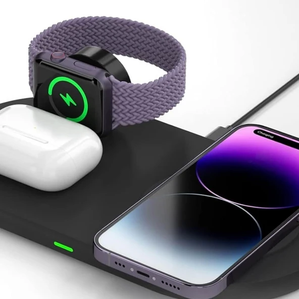 3-1 Arada 20W Hızlı Şarj Kablosuz Wireless LED Işıklı Iphone Apple Watch Airpods Şarj Stand Şarj Aleti ürün görseli