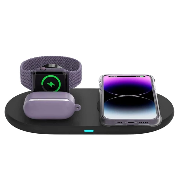 3-1 Arada 20W Hızlı Şarj Kablosuz Wireless LED Işıklı Iphone Apple Watch Airpods Şarj Stand Şarj Aleti - Resim 2