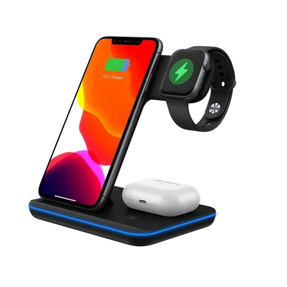 3-1 Arada 20W Hızlı Şarj Kablosuz Wireless LED Işıklı Iphone Apple Watch Airpods Şarj Stand Cihazı