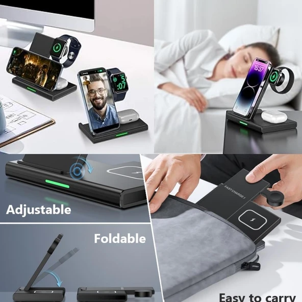 3-1 Arada 20W Hızlı Şarj Destekli Kablosuz Wireless Şarj Stand LED Işıklı Iphone, Apple Watch, Airpods Destekli - 4