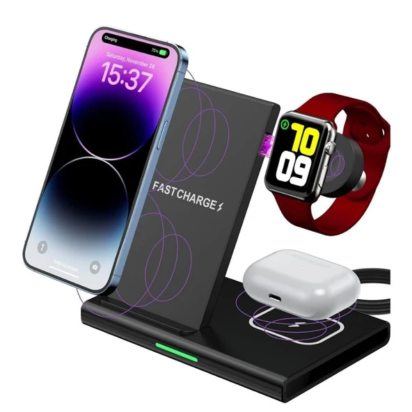 3-1 Arada 20W Hızlı Şarj Destekli Kablosuz Wireless Şarj Stand LED Işıklı Iphone, Apple Watch, Airpods Destekli