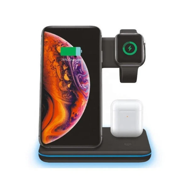 3-1 Arada 20W Hızlı Şarj Kablosuz Wireless LED Işıklı Iphone Apple Watch Airpods Şarj Stand Cihazı - 3