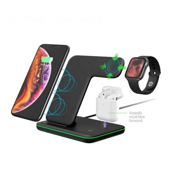 3-1 Arada 20W Hızlı Şarj Kablosuz Wireless LED Işıklı Iphone Apple Watch Airpods Şarj Stand Cihazı - 4