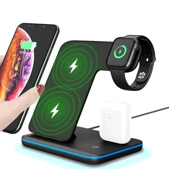 3-1 Arada 20W Hızlı Şarj Kablosuz Wireless LED Işıklı Iphone Apple Watch Airpods Şarj Stand Cihazı - 5