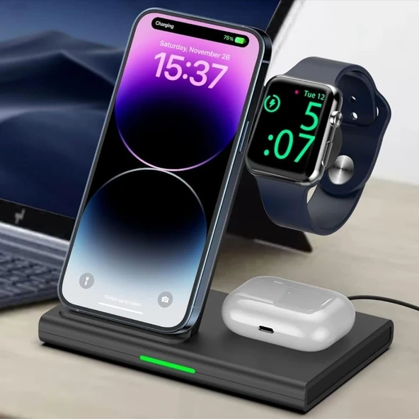 3-1 Arada 20W Hızlı Şarj Destekli Kablosuz Wireless Şarj Stand LED Işıklı Iphone, Apple Watch, Airpods Destekli - 2