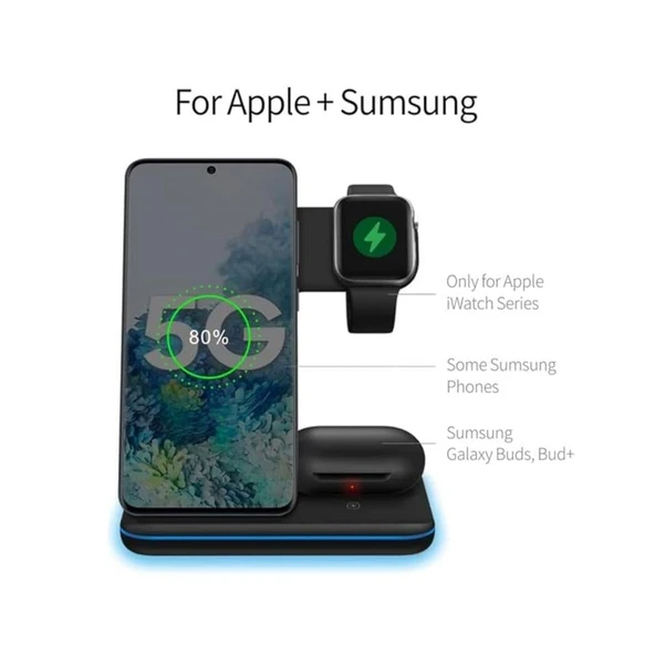 3-1 Arada 20W Hızlı Şarj Kablosuz Wireless LED Işıklı Iphone Apple Watch Airpods Şarj Stand Cihazı - 7