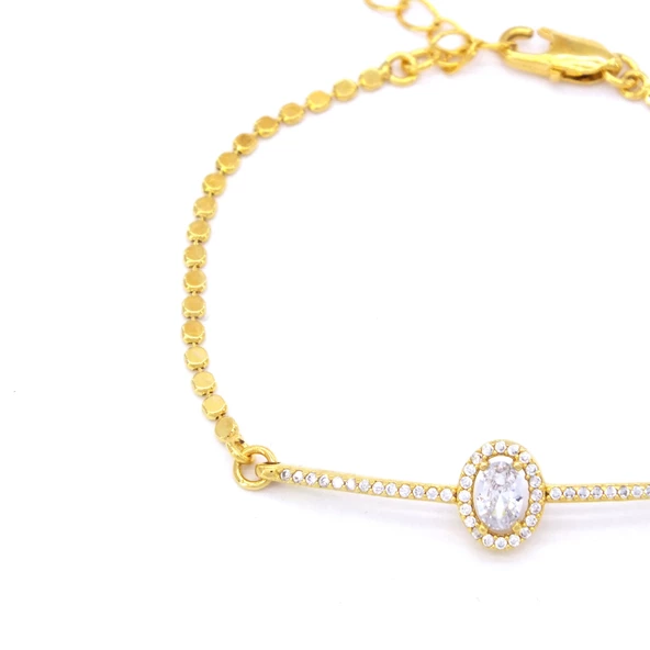 Altın Kaplama Ezme Zincirli Oval Zirkon Taşlı Kadın Bileklik BLK-501 - 3