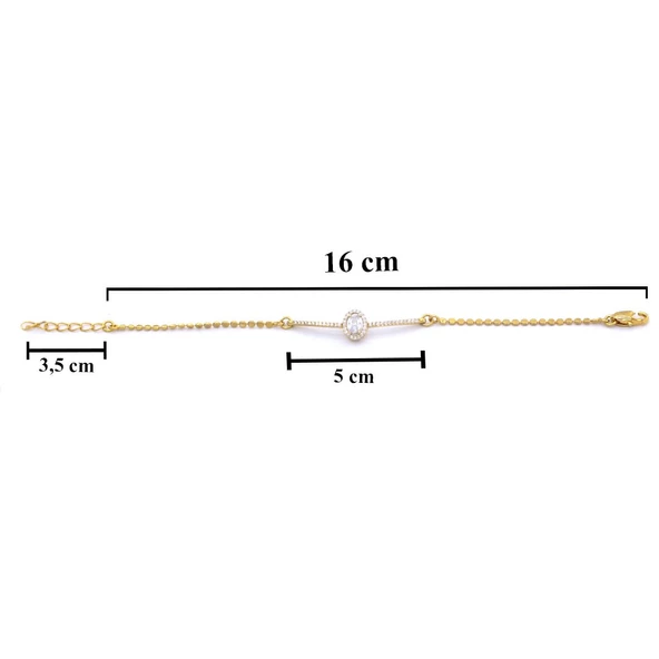 Altın Kaplama Ezme Zincirli Oval Zirkon Taşlı Kadın Bileklik BLK-501 - 6