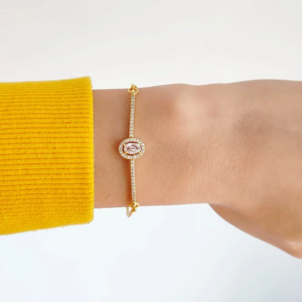 Altın Kaplama Ezme Zincirli Oval Zirkon Taşlı Kadın Bileklik BLK-501 - 2