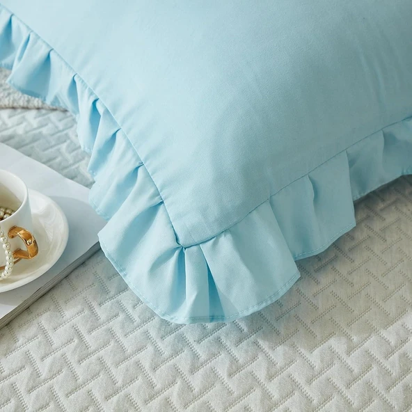 Maki Home Yüzde Yüz Pamuklu Açık Mavi Fırfırlı İki Adet 50x70 Yastık Kılıfı Seti - Resim 2