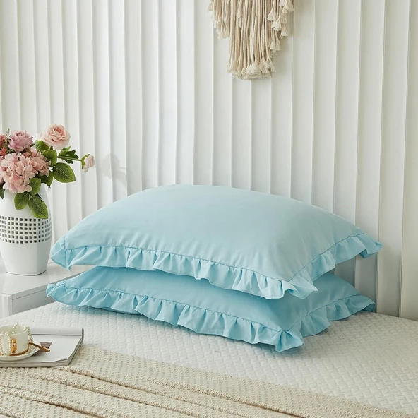 Maki Home Yüzde Yüz Pamuklu Açık Mavi Fırfırlı İki Adet 50x70 Yastık Kılıfı Seti - Resim 3