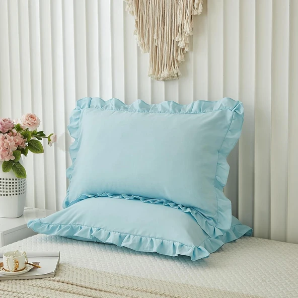 Maki Home Yüzde Yüz Pamuklu Açık Mavi Fırfırlı İki Adet 50x70 Yastık Kılıfı Seti ürün görseli