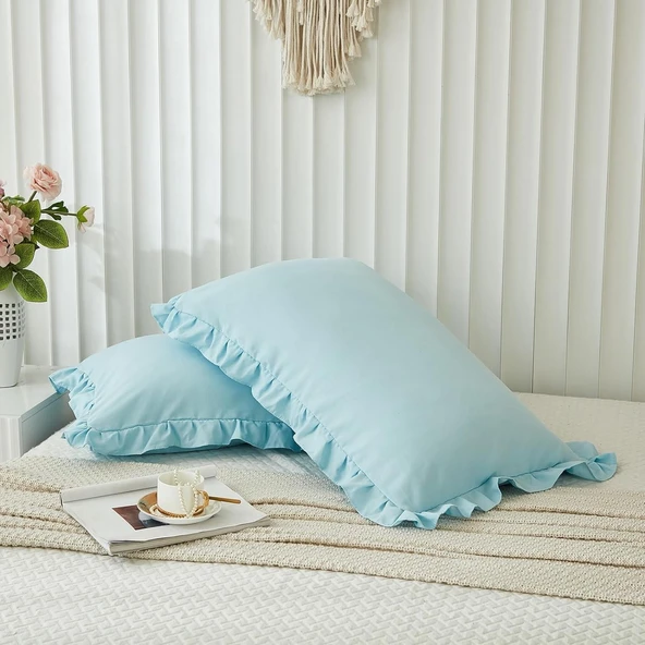 Maki Home Yüzde Yüz Pamuklu Açık Mavi Fırfırlı İki Adet 50x70 Yastık Kılıfı Seti - Resim 4