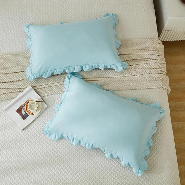 Maki Home Yüzde Yüz Pamuklu Açık Mavi Fırfırlı İki Adet 50x70 Yastık Kılıfı Seti - Resim 5