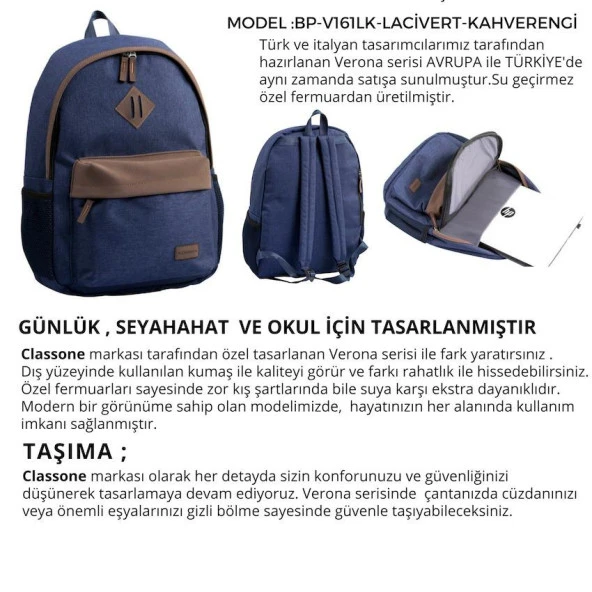 Classone Classone BP-V161LK 15,6 inç Notebook Sırt Çantası-Lacivert-Kahverengi - 4