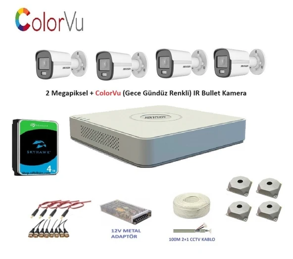 Hikvision 2mp 4 kameralı Dış ortam AHD HD-TVI ColorVu Gece Renkli Kamera Seti 4TB Disk