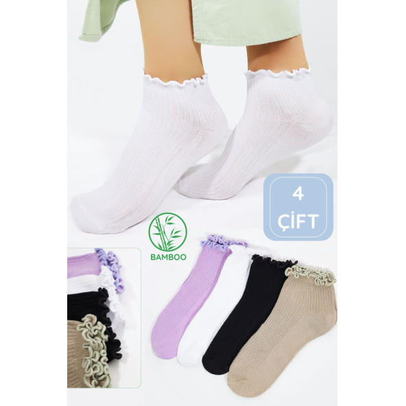 Kadın Bambu Çorap (4 ÇİFT) Renkli Fırfırlı Patik Kadın Çorap