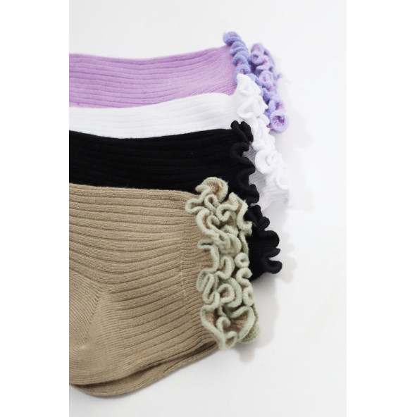 Kadın Bambu Çorap (4 ÇİFT) Renkli Fırfırlı Patik Kadın Çorap - 2