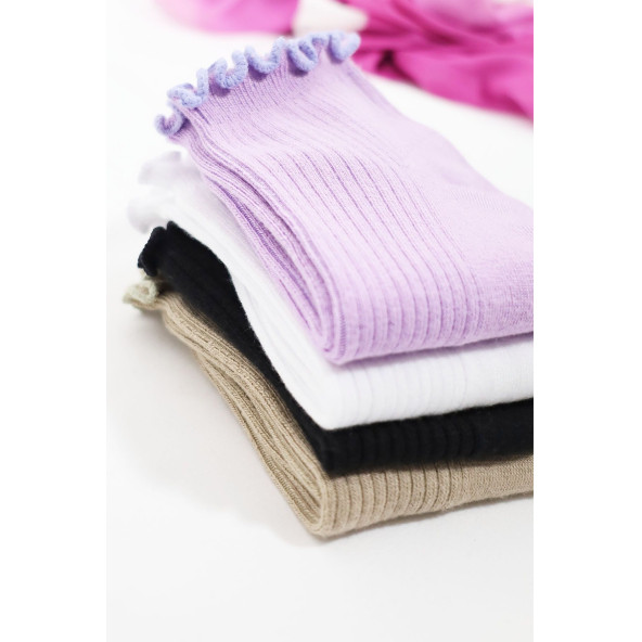 Kadın Bambu Çorap (4 ÇİFT) Renkli Fırfırlı Patik Kadın Çorap - 3