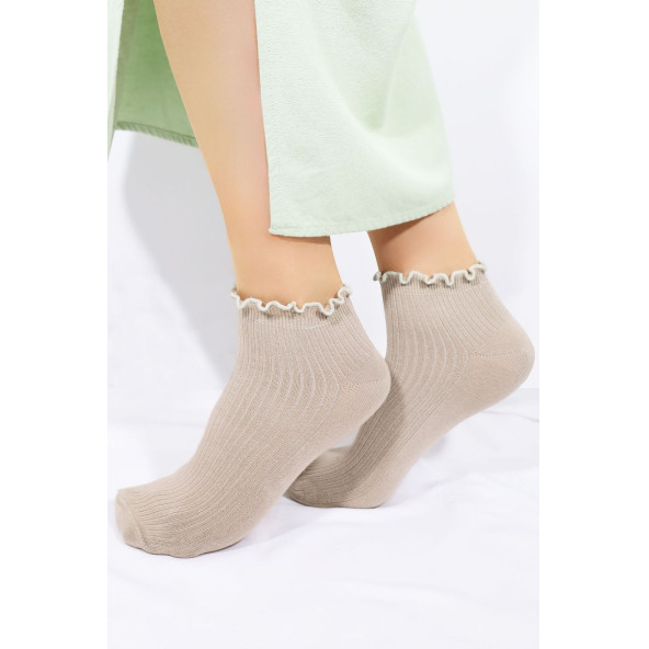 Kadın Bambu Çorap (4 ÇİFT) Renkli Fırfırlı Patik Kadın Çorap - 5