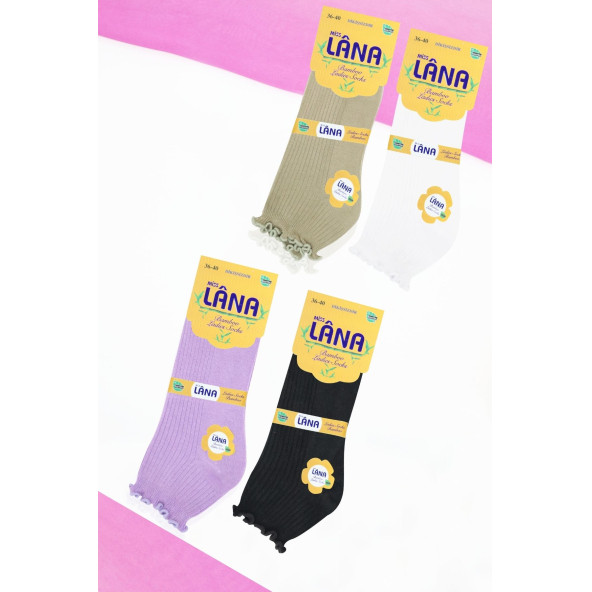 Kadın Bambu Çorap (4 ÇİFT) Renkli Fırfırlı Patik Kadın Çorap - 7