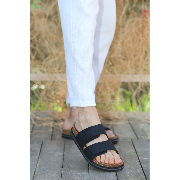 Hakiki Crazy Deri EVA Taban Kalın Çift Cırt Cırtlı Ortopedik Tasarım Erkek Terlik Sandalet - 4