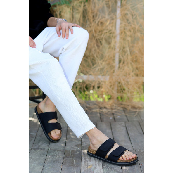 Hakiki Crazy Deri EVA Taban Kalın Çift Cırt Cırtlı Ortopedik Tasarım Erkek Terlik Sandalet - 5