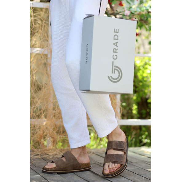 Hakiki Crazy Deri EVA Taban Kalın Çift Cırt Cırtlı Ortopedik Tasarım Erkek Terlik Sandalet - 7