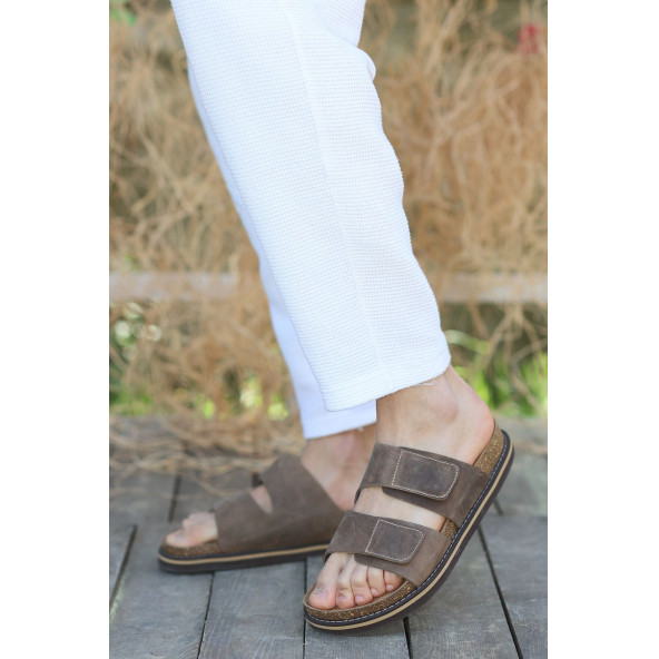 Hakiki Crazy Deri EVA Taban Kalın Çift Cırt Cırtlı Ortopedik Tasarım Erkek Terlik Sandalet - 8