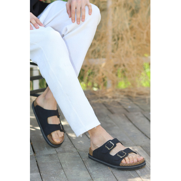 Hakiki Crazy Deri EVA Taban Çift Toka Detaylı Ortopedik Tasarımlı Erkek Terlik Sandalet - 4