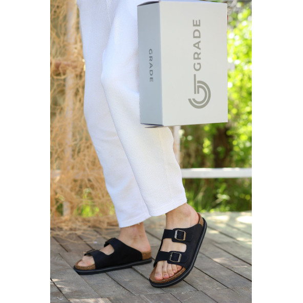 Hakiki Crazy Deri EVA Taban Çift Toka Detaylı Ortopedik Tasarımlı Erkek Terlik Sandalet - 5