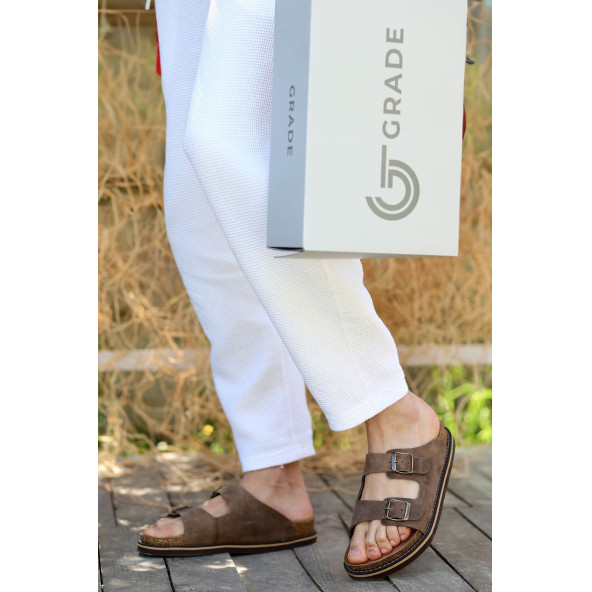 Hakiki Crazy Deri EVA Taban Çift Toka Detaylı Ortopedik Tasarımlı Erkek Terlik Sandalet - 8