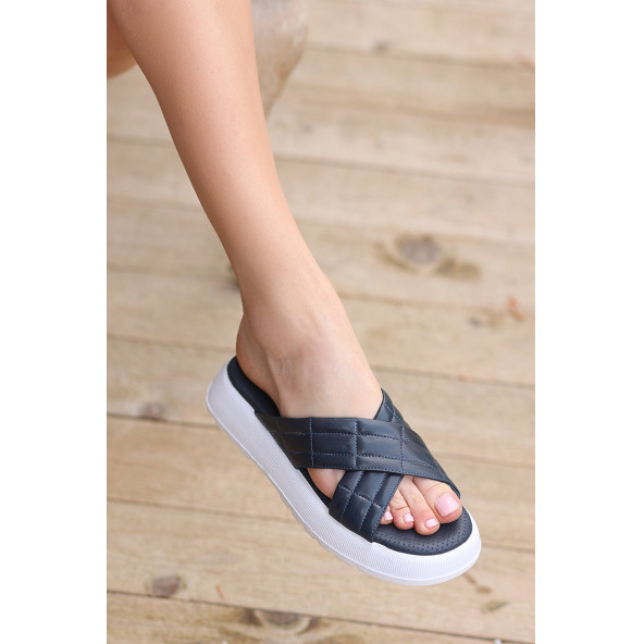 Hakiki Deri Topuk Detaylı Platform Topuklu Ortopedik Kadın Sandalet Terlik - 4