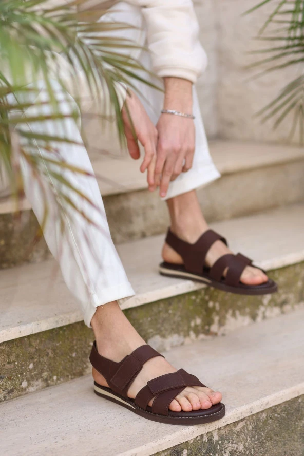 Hakiki Deri Kalın Bantlı Ortopedik Tasarım Erkek Sandalet Terlik - Resim 3