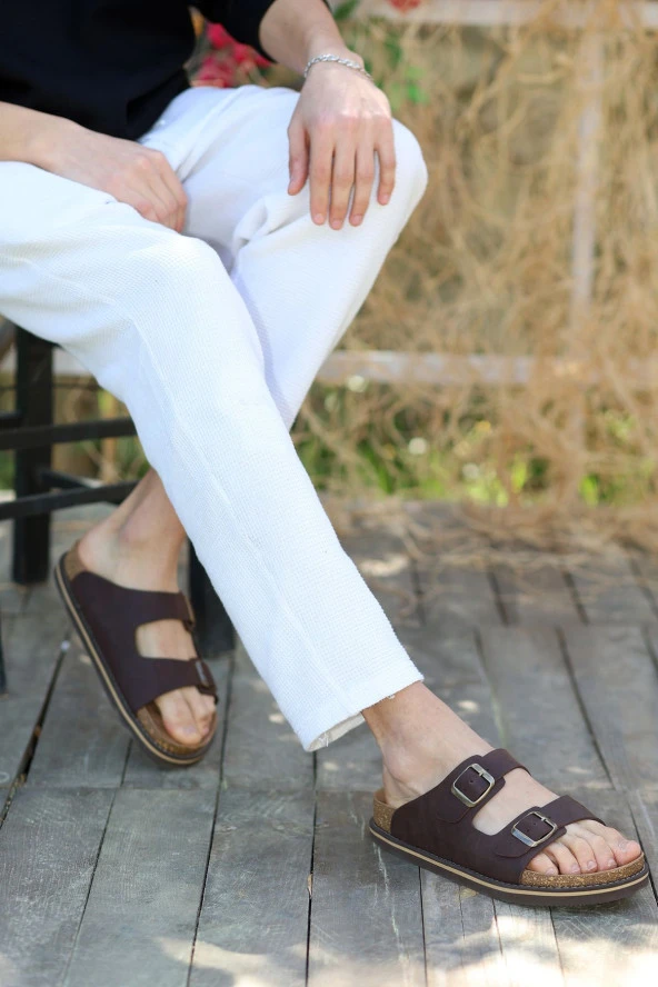 Hakiki Crazy Deri EVA Taban Çift Toka Detaylı Ortopedik Tasarımlı Erkek Terlik Sandalet - 2