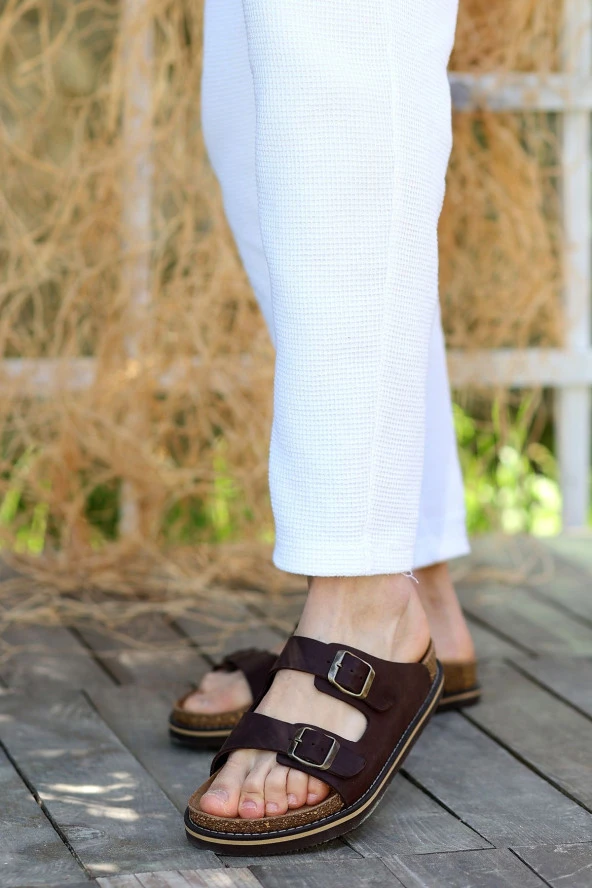 Hakiki Crazy Deri EVA Taban Çift Toka Detaylı Ortopedik Tasarımlı Erkek Terlik Sandalet - 3