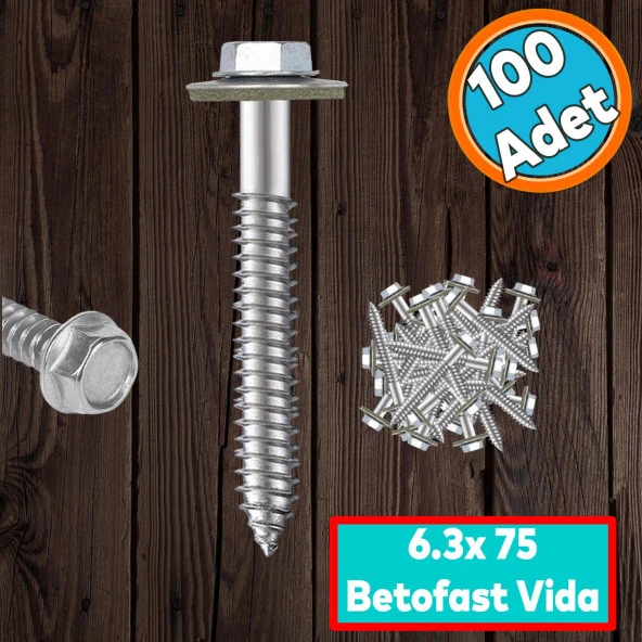 Betofast Vidası 6.3x75 mm Paket 100 ADET Sivri Uçlu Çatı Panel Beton Mdf Ağaç Vidası