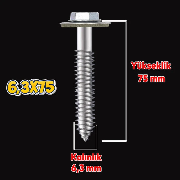 Betofast Vidası 6.3x75 mm Paket 100 ADET Sivri Uçlu Çatı Panel Beton Mdf Ağaç Vidası - 2