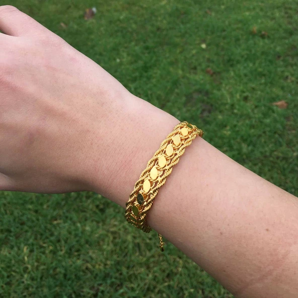 Altın Kaplama Burgu Zincir Ve Arpa Zincir Kadın Bileklik BLK-155 - Resim 6