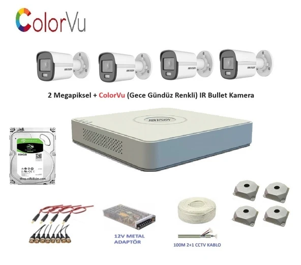 Hikvision 2mp 4 kameralı Dış ortam AHD HD-TVI ColorVu Gece Renkli Kamera Seti 500GB Disk