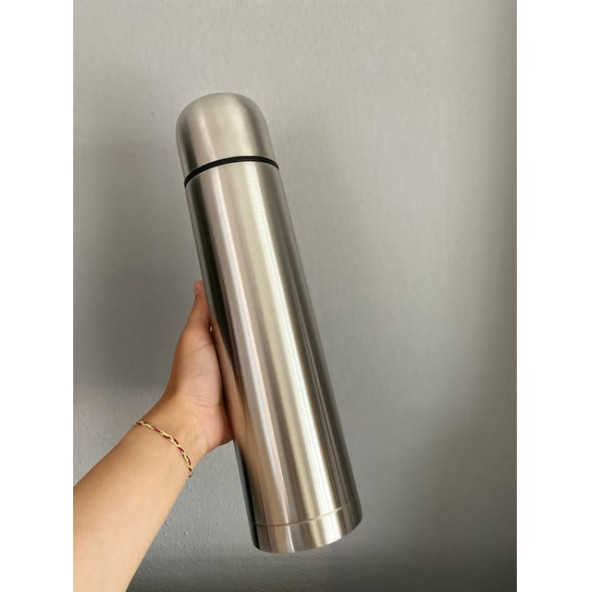 RGV Deri Çantalı Bardaklı Kişiye Özel Termos 1 LITRE Krom - 2