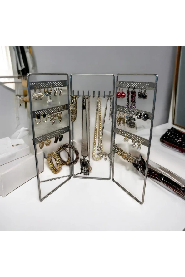 Dekoratif Takı Standı Takı Düzenleyici Organizeri Kutusu 3 Parça Kolye Yüzük Küpelik Model-2 Gümüş